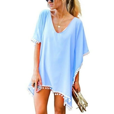 DondPO Swimsuit Coverup for Women Beach Cover Ups Loose Bikini Beach Up Tassels Tops Chiffon Swimwear Kaftan Cover Trim Swimwears Tankinis Set Womens Swimsuits Beach Dresses for Women Light blue L