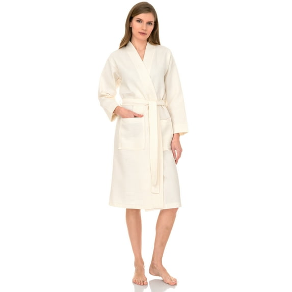 TowelSelections Women's Waffle Bathrobe 100% Cotton Soft Kimono Spa Bath Robe X-Small/Small Ivory