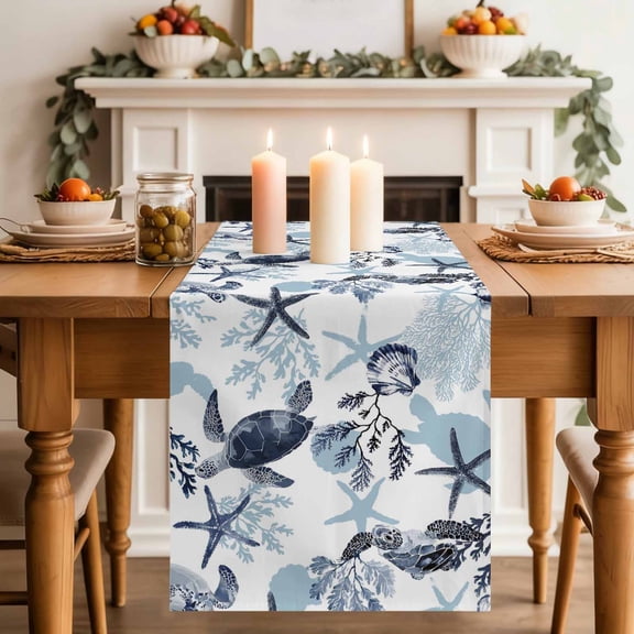 Summer Marine Life Table Runner, Ocean Watercolor Sea Turtle Starfish Shell Coastal Cotton Linen Kitchen Table Decoration Washable Dining Tabletop Runners for Home Party Decor 13x72 Inches