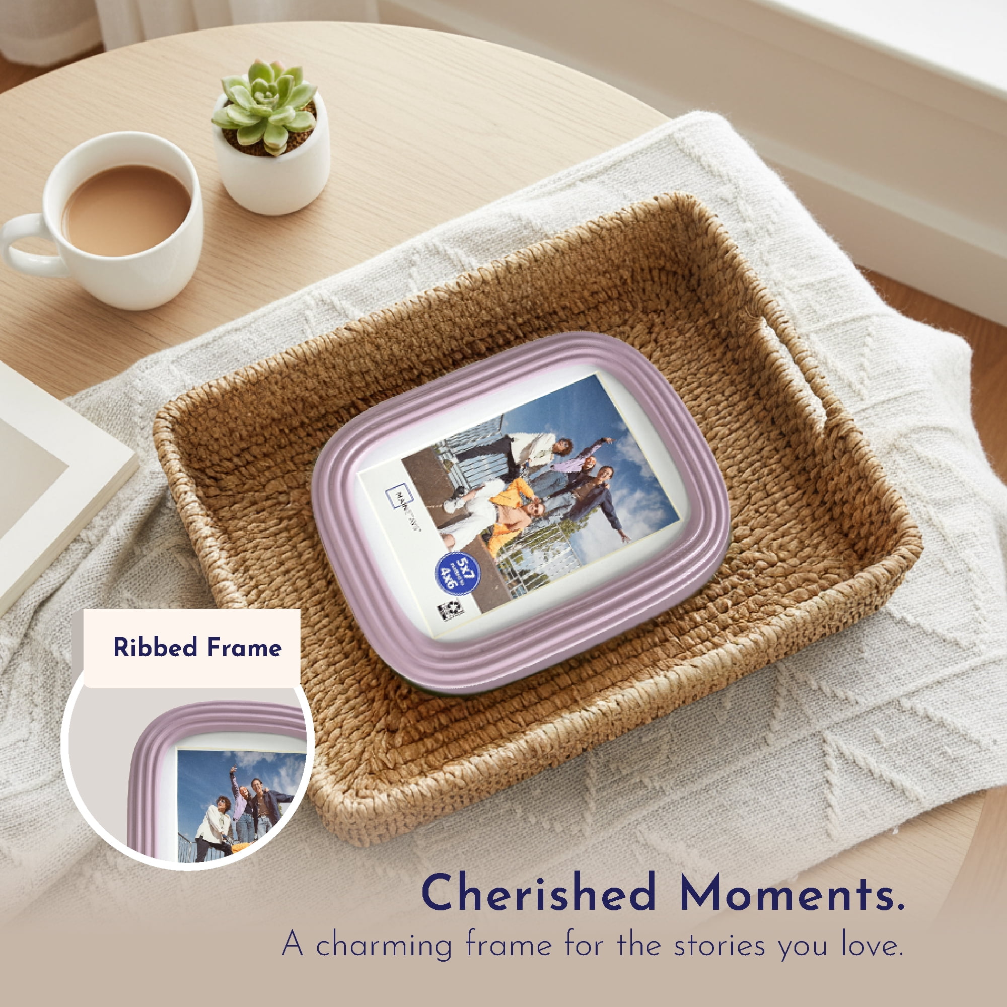 Mainstays Hazy Purple Ribbed Rounded Corner 5x7 Picture Frame Matted to 4x6, Hazy Purple Photo Frame for Wall, Tabletop Display
