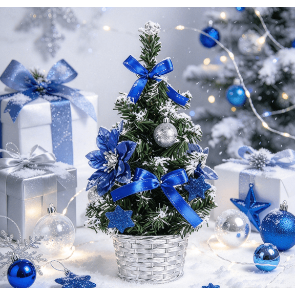 Mini Christmas Tree with Royal Blue Ornaments - 7.87" Artificial Tabletop Xmas Tree in Woven Basket, Small Holiday Decor for Desk & Window