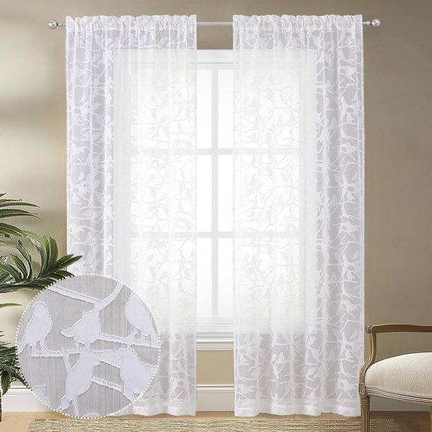 OVZME Cortinas transparentes texturizadas blancas de 84 pulgadas de largo, juego de 2 paneles para sala de estar Anji Bird Semi gasa equilibrio privacidad y bolsillo para barra de luz, elegante cortin