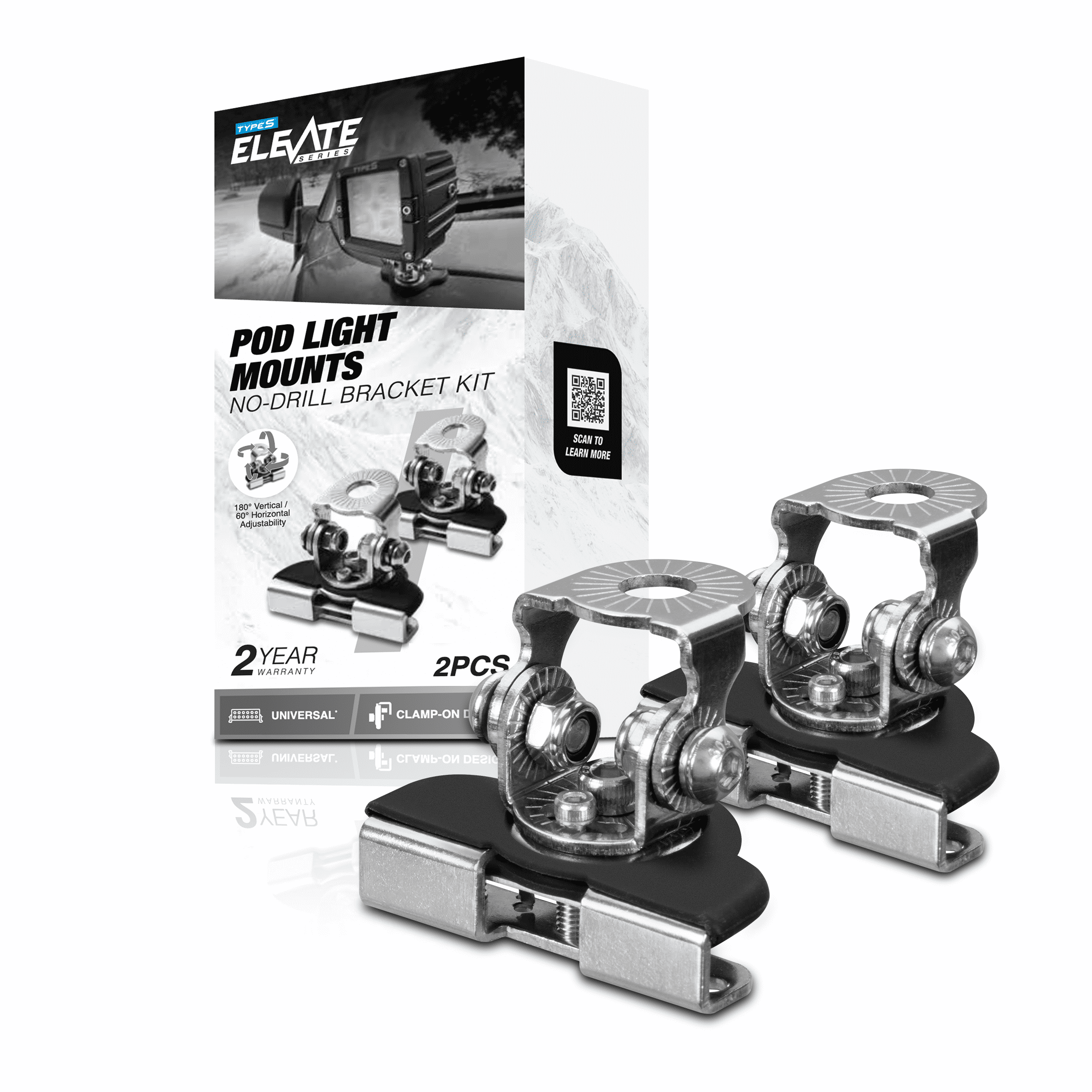 TYPE S Universal Pod Light Hood Mount Kit, Clamp-On No-Drill Brackets, Silver, 2-Pack
