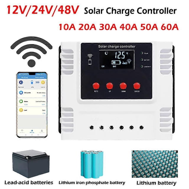 Controlador de carga solar 12 V/24 V/48 V 10 A-60 A Monitoreo de datos en tiempo real por aplicación Controlador de gestión de carga de tres etapas, 10 A, blanco