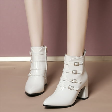 

PhoneSoap Short Women s Decorative Buckle Boots Side Pointed Toe Zipper Leather High Heeled Women s Boots Beige