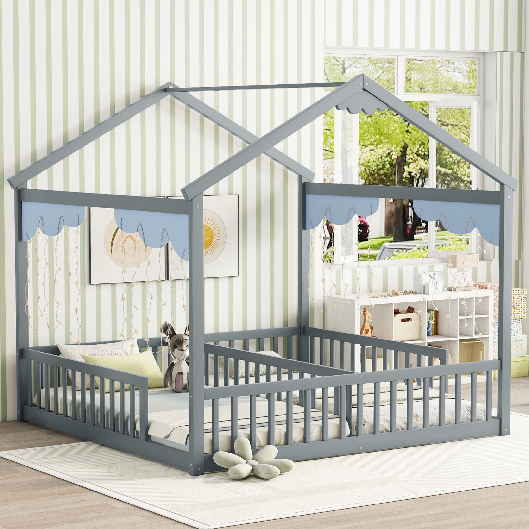 Aukfa Double Twin Bed Frame for 2 Kids Toddlers, Two House Bed with Fence, Two Shared Beds, Gray