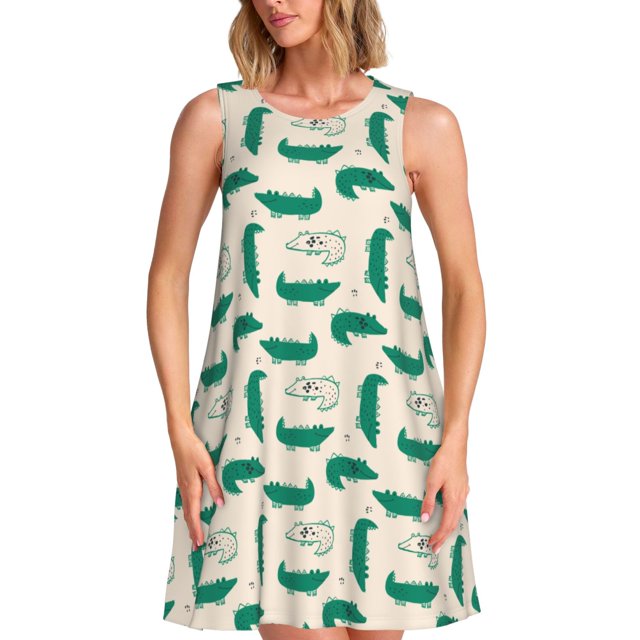 Disketp Cartoon Crocodile para Vestido sin Mangas para Mujeres, Vestidos de Verano para Mujeres, Casual y Holgado para la Playa