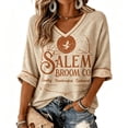 thumbnail image 4 of Womens Sweatshirt 3/4 Sleeve Vintage V Neck Pullover Broom Witch Moon Theme Graphic Top Relaxed Casual Fall Halloween Festival Events Top Khaki XXXXXL, 4 of 5
