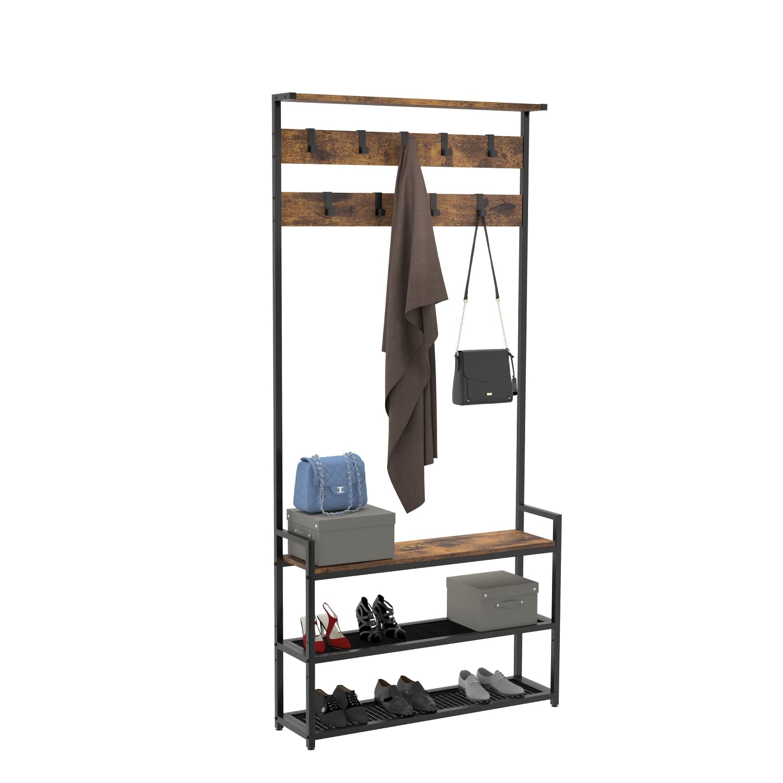 Coat Rack, Hall Tree with Shoe Bench for Entryway, Multifunctional