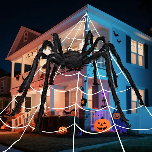 Joyfy Halloween Decorations Outdoor,59'' Giant Spider with 400 sqft Spider Web  Fake Spiders with Triangular Huge Spiders Web for Indoor Outdoor Halloween Decorations Yard Haunted House Decor