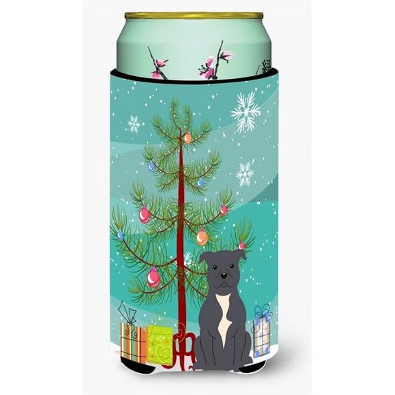 Carolines Treasures  Merry Christmas Tree Staffordshire Bull Terrier Blue Tall Boy Beverage Insulator Hugger