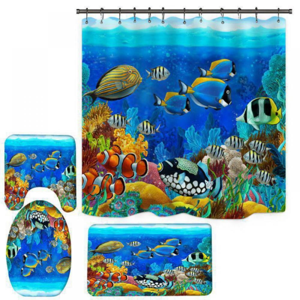 Tropical Fish Swimming Coral Reef Shower Curtain Set Bathroom Waterproof Fabric 