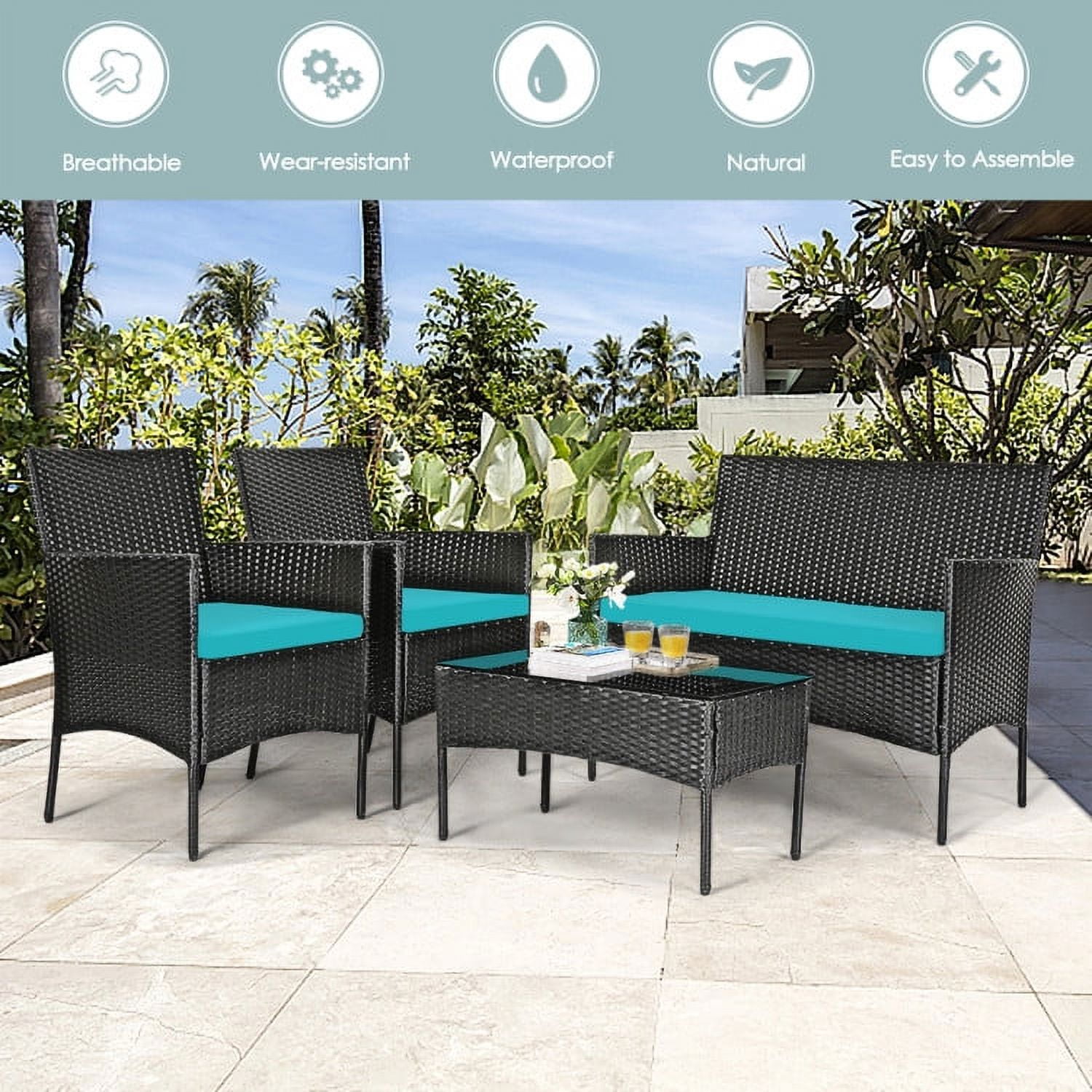 Aimee Lii 4 Pcs Patio Wicker Furniture Set, Cushioned Sofa Furniture, Small Patio Set, Turquoise Aimee Lii 4 Pcs Patio Wicker Furniture Set, Cushioned Sofa Furniture, Small Patio Set, Turquoise