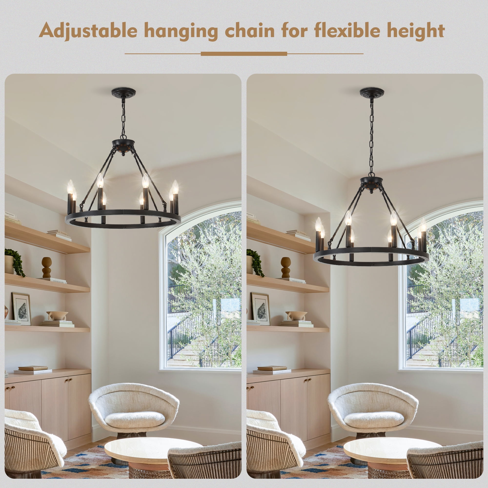 8-Light Black Farmhouse Industrial Wagon Wheel Chandelier, Rustic Metal Ceiling Light Fixture