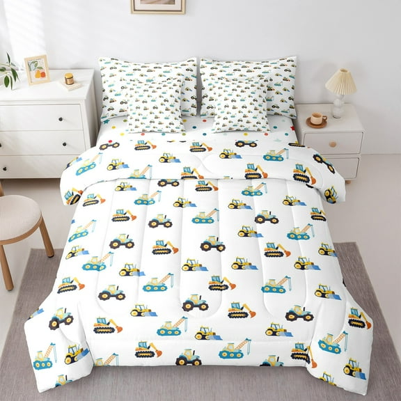 Manfei Excavator Bulldozer 7-Piece Twin Bedding Sets,Construction Vehicles Bedding Comforter Set,Yellow White Blue Sheet Sets For Boys Kids,Super Cozy Room Decor Reversible