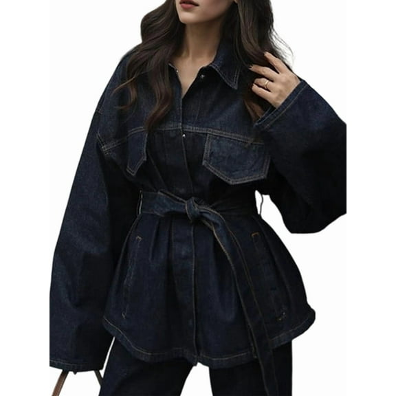 Women'S Jean Jacket Fall Clothes Fashion Button Down Denim Jacket with Belt Denim M