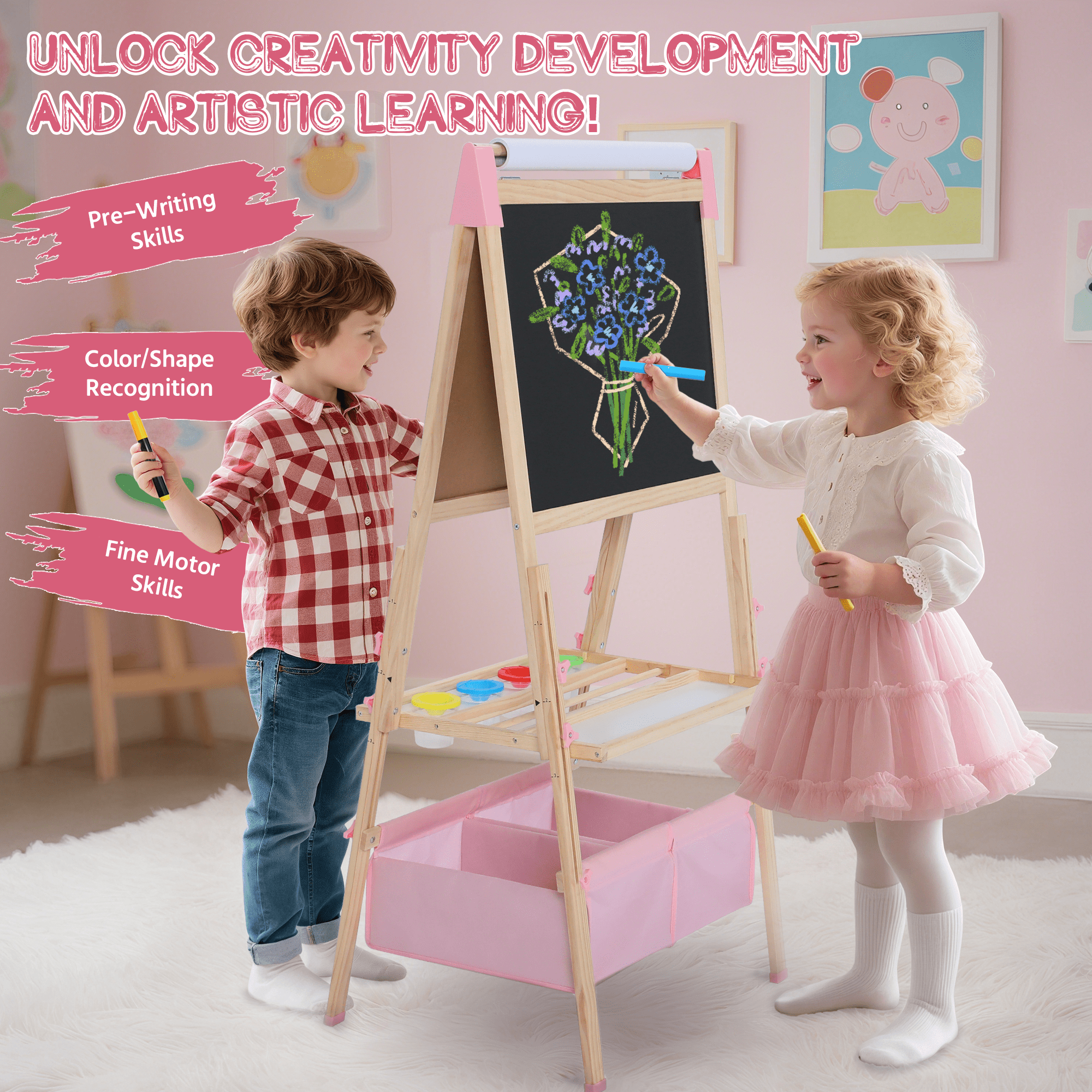AILEEKISS Kids Art Easel Double-Sided Art Easel with Whiteboard and Chalkboard for Painting, Pink