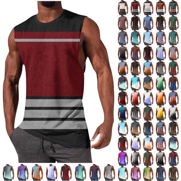 LODIENY Athletic Tank Tops for Men Casual Striped Color Block Printed Summer Sleeveless Scoop Neck Basic Workout Tees Tops Trendy Holiday Beach Tanks Shirts B-Blue S