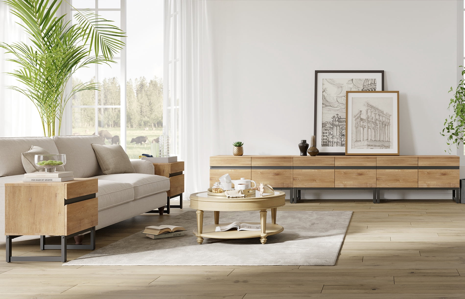 Modern 3-Piece Living Room Set, 106 Inch TV Stand And 2 End Table Sets With 2 Drawers, Media Console with Storage Shelves, Sturdy Wood Frame & Metal Legs, Contemporary Furniture for Living Room,Oak