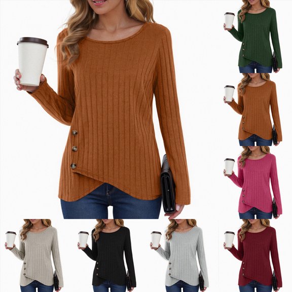Towmus Long Sleeve Shirts for Women Fall Clothes Tunic Tops Loose Fit Dressy Crewneck Pullover Sweaters with Button Cross Hem, Brown, L