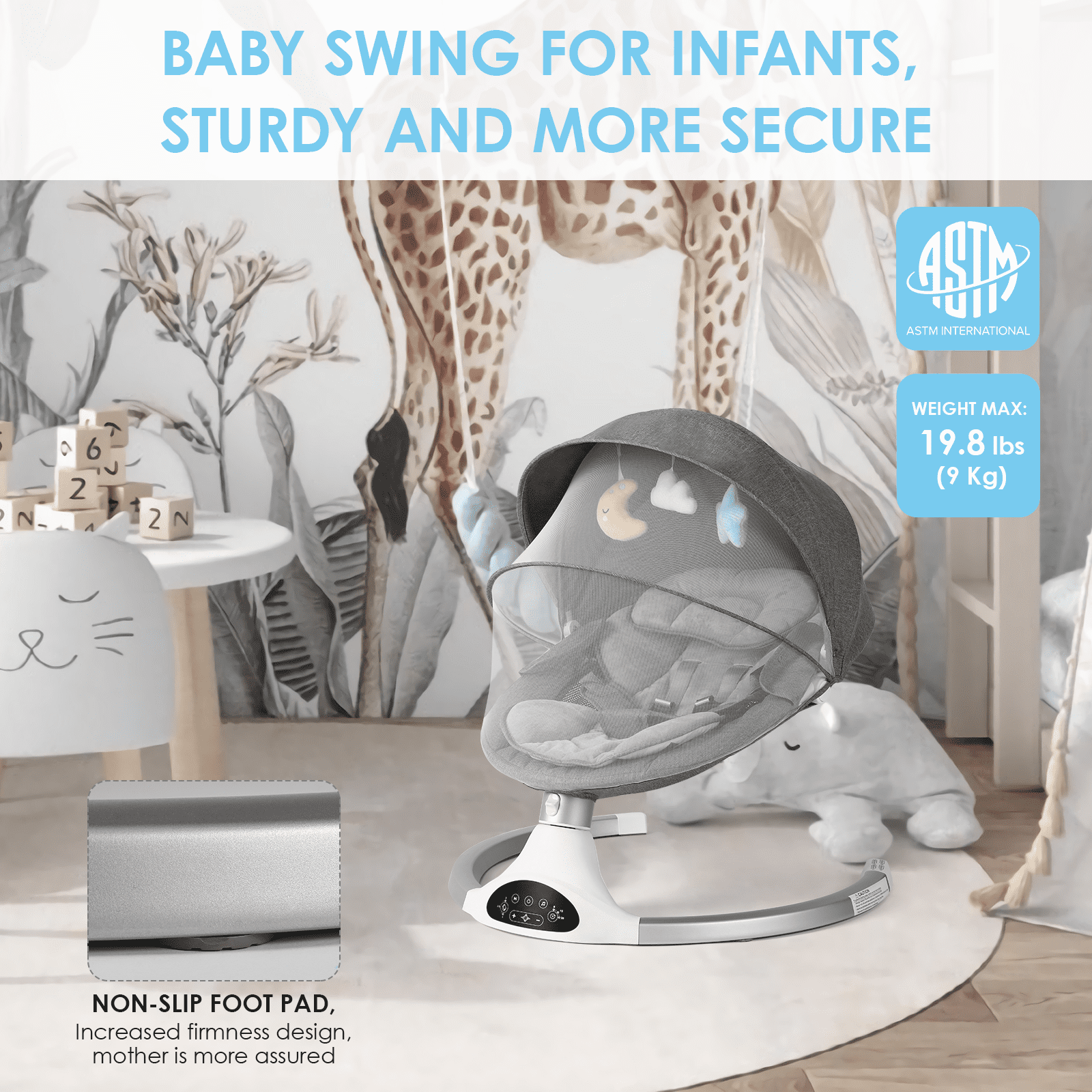 Baby Swing for Infants - Electric Infant Swing with 3 Swing Speeds and 10 Lullabies, Portable Indoor Baby Rocker, Touch Screen and Remote Control, Grey