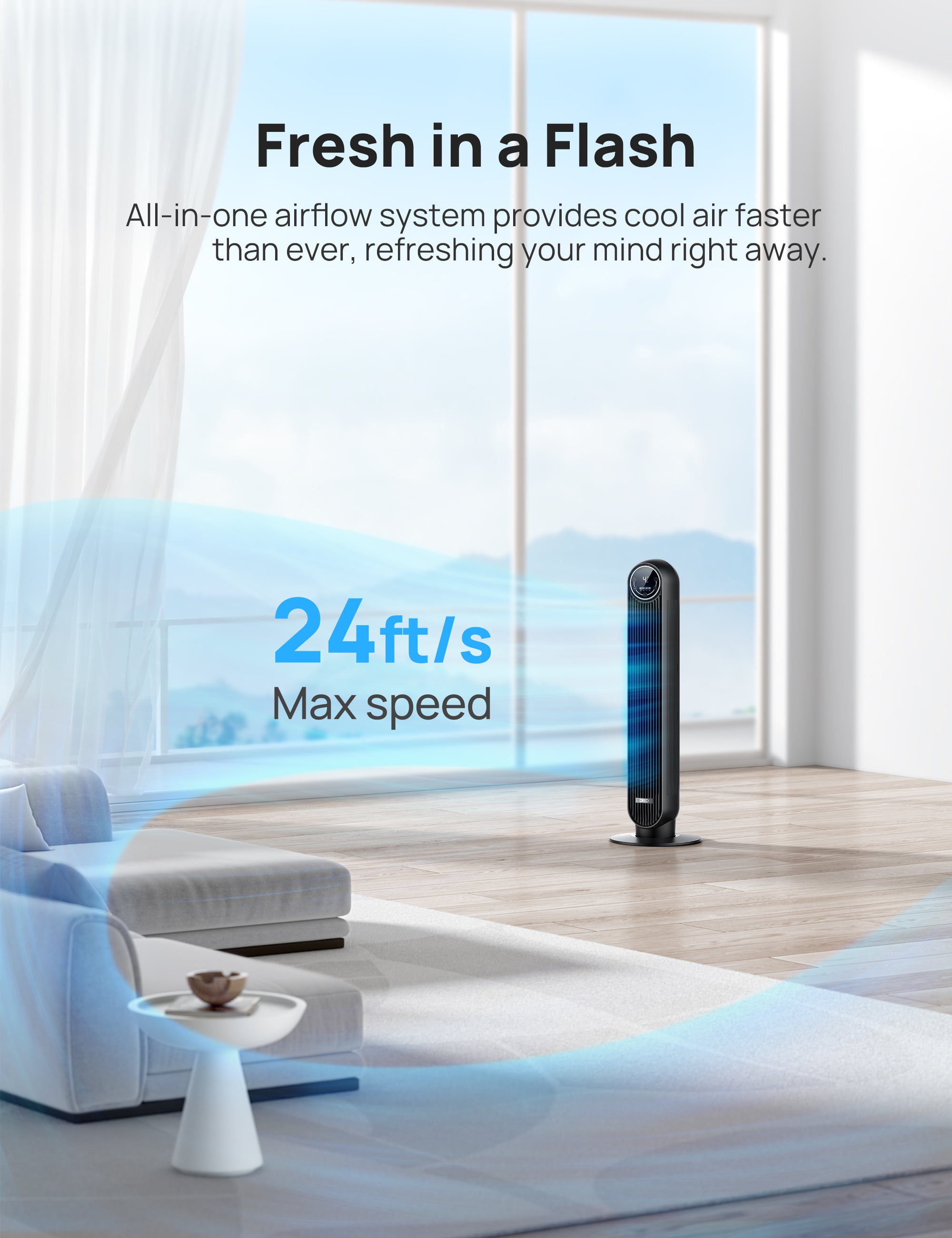 DREO Tower Fan for Bedroom, 24ft/s Velocity Quiet Floor Fan, 90° Oscillating Fans for Indoors with 4 Speeds, 4 Modes, 8H Timer, Standing Fans, Bladeless Fan, Black, Nomad One