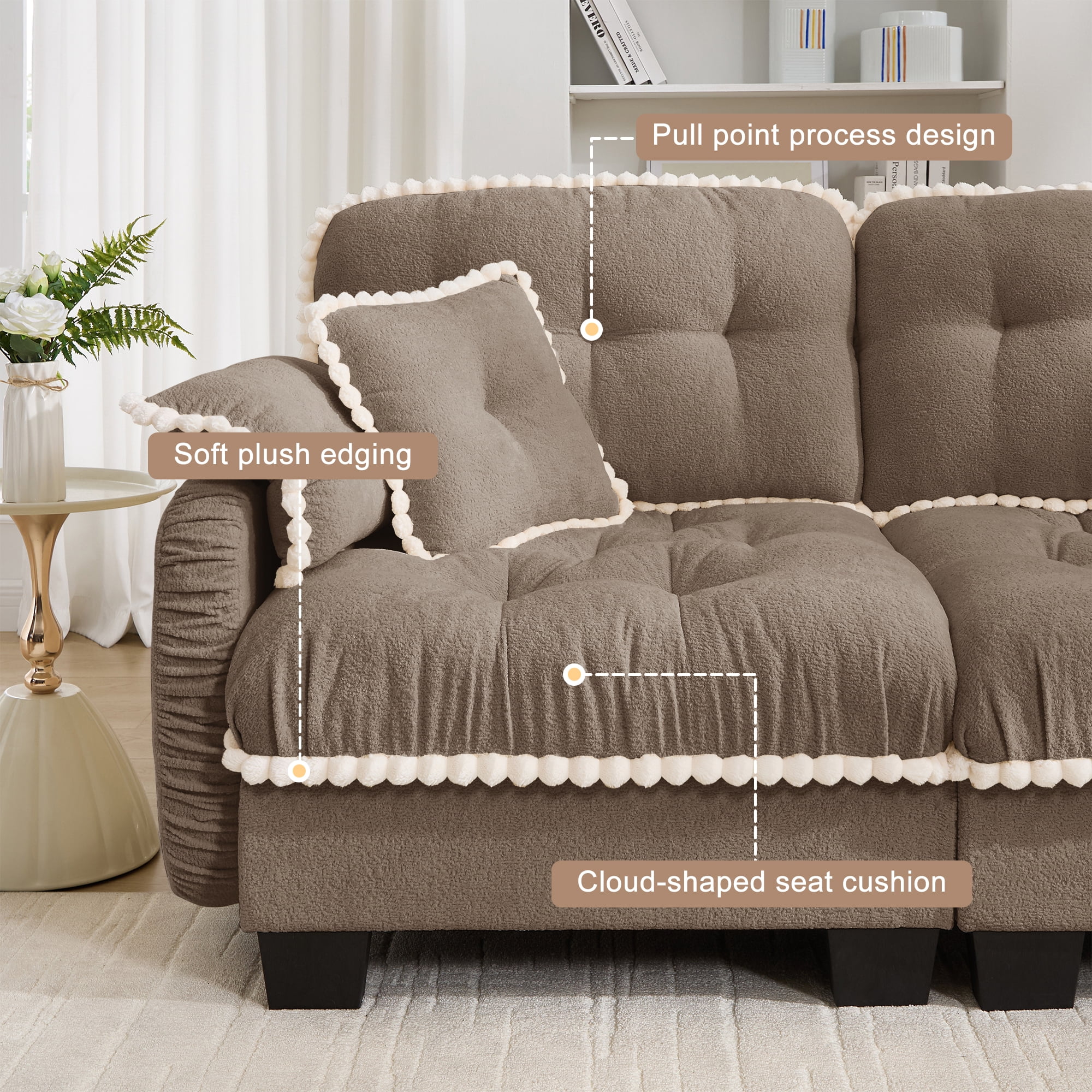 Anpport 70" Chenille Cloud Loveseat with 4 Pillows, Pom‑Pom Trim, Quilted Tufted Ergonomic, Easy Assembly Deep Seat for Living Room Apartment, Brown