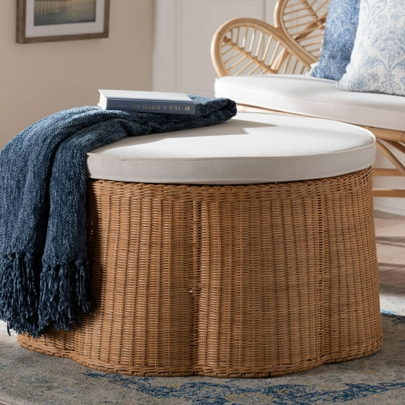 bali & pari Palm Boho Ottoman, 32"W, Round, Light Honey