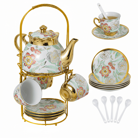 ManyFun 20 Pieces Porcelain Tea Set With Metal Holder, European Ceramic tea set for adults,Flower Tea Set,Tea Set For Women With Flower Painting