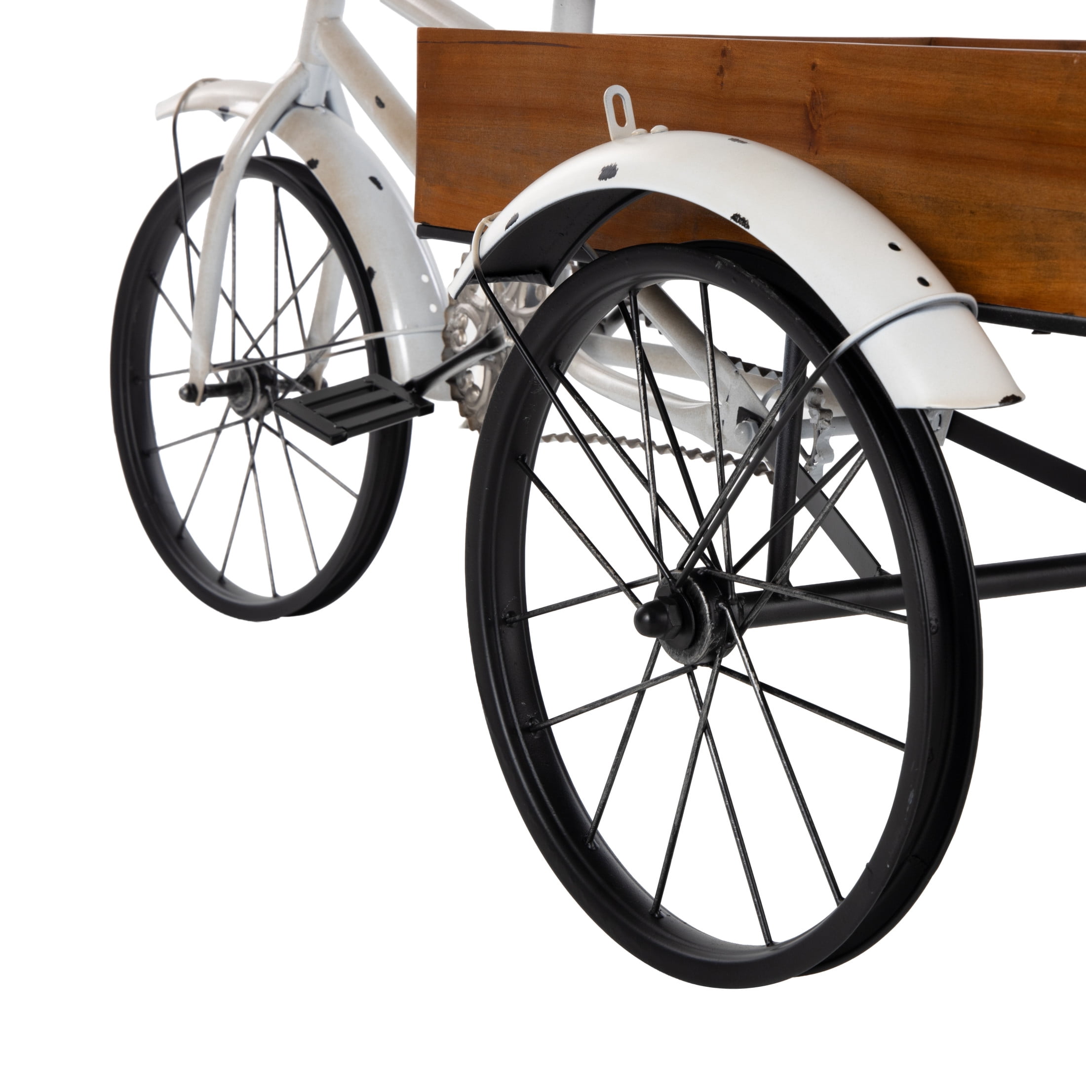 DecMode 48" x 24" x 24" White Metal Vintage Bike Plantstand with Brown Wood Accents