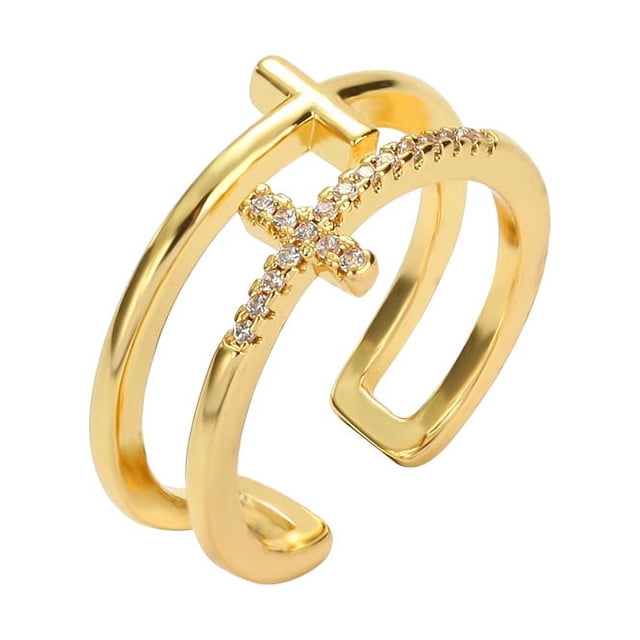 Anillo de mujer con doble cruz de diamantes y personalidad creativa, joyería de anillo abierto liso de moda europea y americana