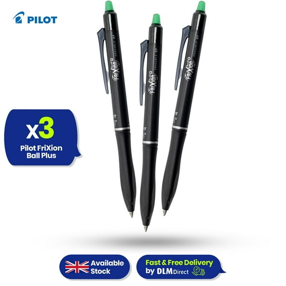 Pilot Frixion Ball Plus Green Erasable Pens 0.7mm Pack of 3 Smooth Writing Ink