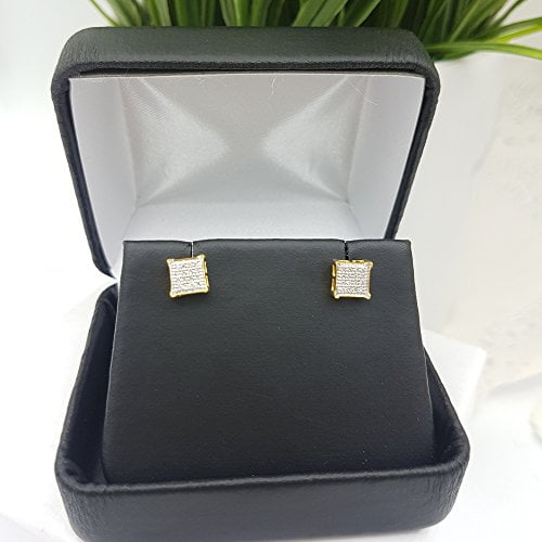 Dazzlingrock Collection 0.06 Carat (ctw) Round Lab Grown White Diamond V Prong Square Mens Hip Hop Iced Stud Earrings, 18K Yellow Gold Plated Sterling Silver