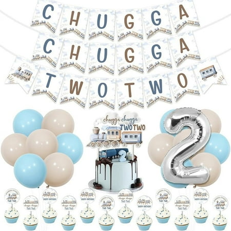 Chugga Chugga Two Two Party Decorations Vintage Railroad Crossing Train 2nd Birthday Party Supplies with Chugga Chugga Two Two Birthday Banner Cake Cupcake Topper for Boys Girls Kids