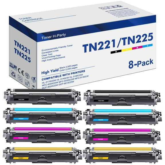 TN-221 TN-225 TN221 TN225 Compatible Toner for Brother TN221BK TN225C TN225M TN225Y HL-3170CDW MFC-9340CDW HL-3140CW MFC-9330CDW MFC-9130CW Printer Ink (2*Black,2*Cyan,2*Magenta,2*Yellow)