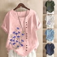 thumbnail image 4 of Womens Summer Cotton Linen T-Shirts Casual Crewneck Dandelion Print Short Sleeve Tunic Tops Loose Comfy Gauze Blouses, 4 of 4