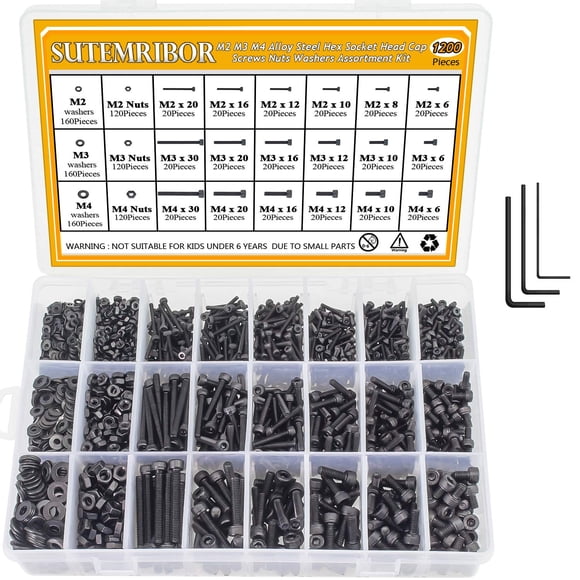 M2 M3 M4 Tornillos de acero de aleación Tuercas y arandelas 1200PCS Sutemribor Tornillos con cabeza hueca hexagonal Tornillos Tuercas Arandelas Kit surtido con llaves hexagonales