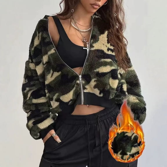 Women's Camouflage Zip Front Jacket, V-Neck Long Sleeve Casual Utility Layer with Ribbed Cuffs and Hem