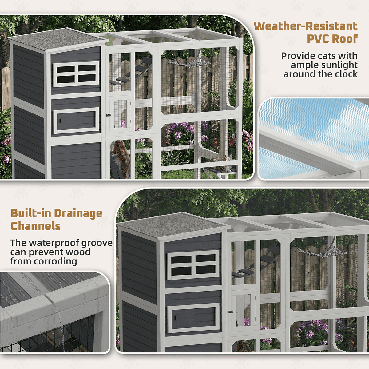 TPHORK Large Catio Outdoor Cat Enclosure, Wooden Cat Cage Indoor Cat House Playpen for Multiple Cats with Waterproof Roof,Platforms, Resting Box, Bridges, Hammock, Ladder,76"L x 36"W x 69"H(White)