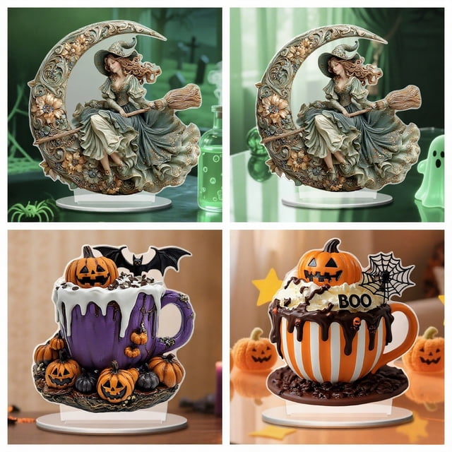 Adornos de Mesa Acrílicos Planos 2D para Halloween y Navidad | Detalles de Bruja y Calabaza | Fácil Instalación | Decoración Festiva | 1 Adorno de Escritorio