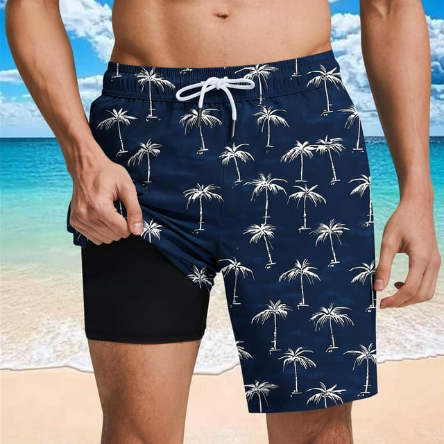 Sentmoon Mens Swim Trunks with Compression Liner Elastic High Waist Loose 2025 Summer Athletic Shorts Drawstring Hawaiian Print Lightweight Golf Shorts with Pockets Trendy for Casual Hangouts Navy M
