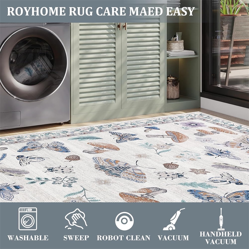 Washable Runner Rug Modern Insect Floral Print Area Rug Mushroom Carpet for Kitchen Stain Resistant Carpet with Non-Slip Backing Low Pile Floor Cover for Hallway Laundry Bedroom