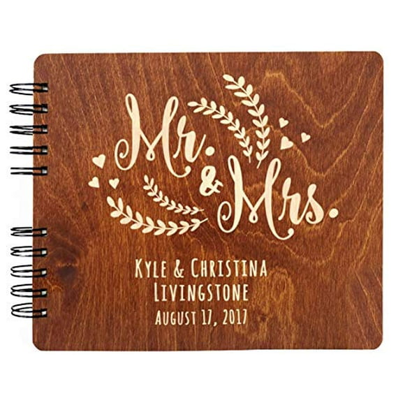 Personalized Wedding Guest Book Mr Mrs Wooden Rustic Vintage Bridal Black Mahogany Oak or Cocoa Unique Wood Hardcover Finish Options
