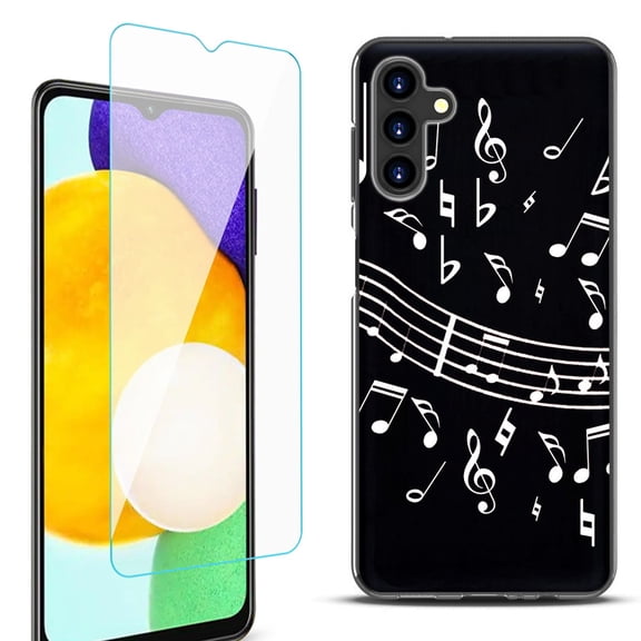 Slim-Fit Protective Fashion Phone Case (Black) for Samsung Galaxy A13 5G, with Tempered Glass Screen Protector, by OneToughShield ® - Music Notes / Black