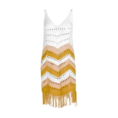 Perfectbot Women s Beach Dress Summer Bikini Cover-Up Short Sleeve Tassel Dresses