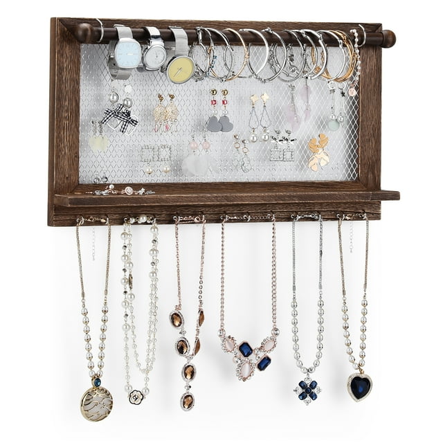 Costway Wall Mounted Jewelry Organizer Vintage Wood Jewelry Holder Hanger Rack