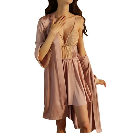 

Black Robe Set Woman Night Sleepwear Ladies Silk Satin Lace Pajama Dress 2PCS Home Pajamas Female Chemise Nightie Nightwear