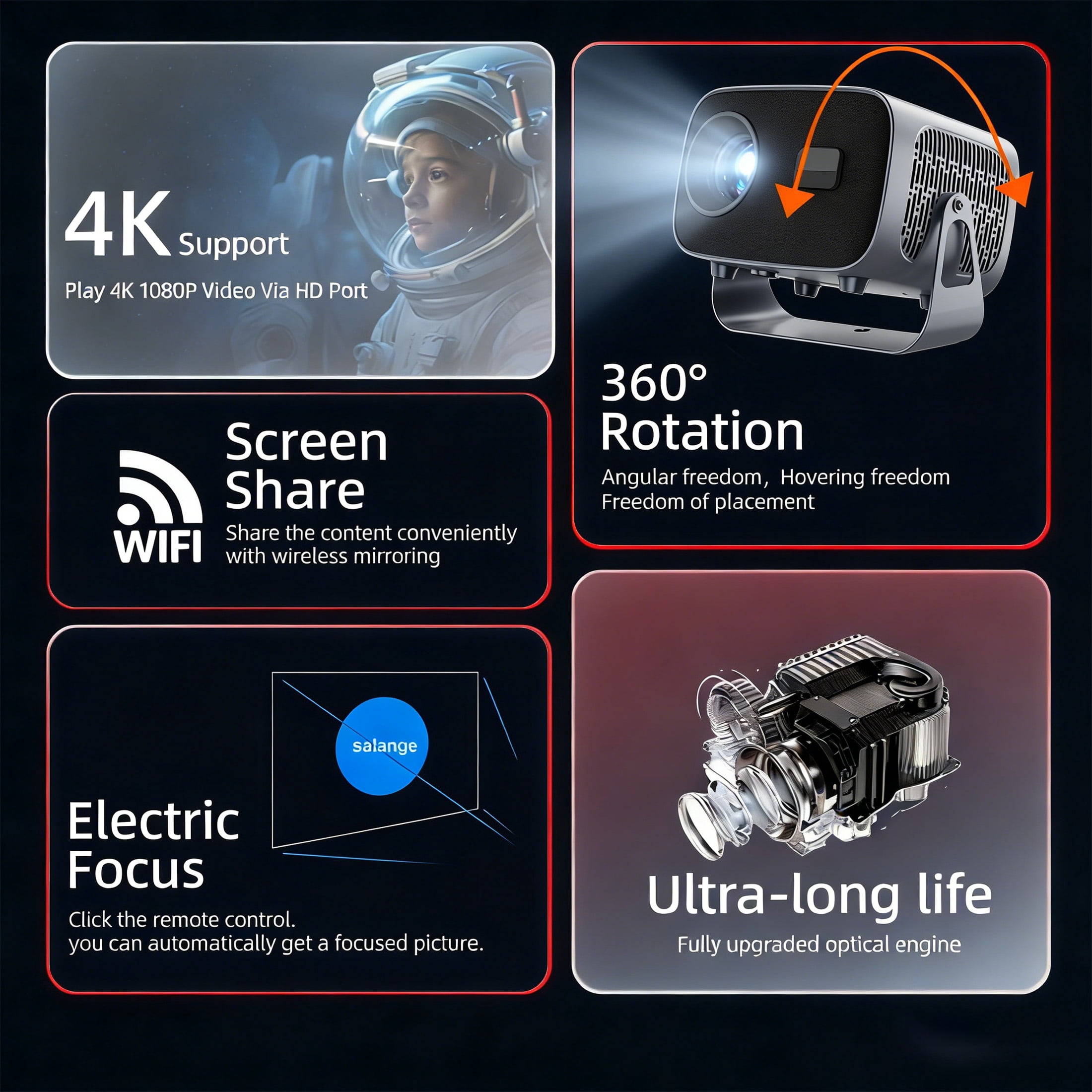 BDQ Projector with WiFi and Bluetooth, Telecontrol focus& Auto Keystone, 1080P HD 4K Support, Smart Projector with Built-in Streaming Apps, Portable Projector for Outdoor & Home Movie