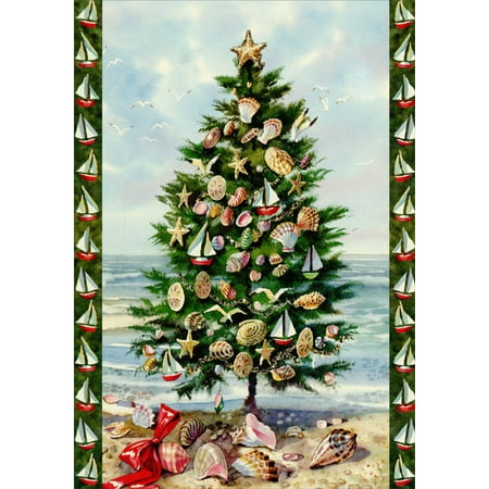Shell's Christmas Tree Farm Red Farm Studios Sailboat Ornaments in Tree on Beach Nautical Coastal Christmas Card ()