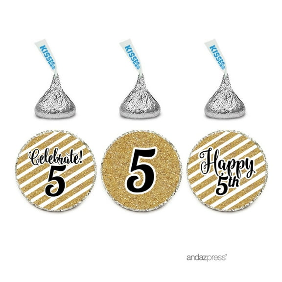Milestone Chocolate Drop Labels Trio, Fits Hershey's Kisses Party Favors, 5th Birthday, 216-Pack, Not Real Glitter